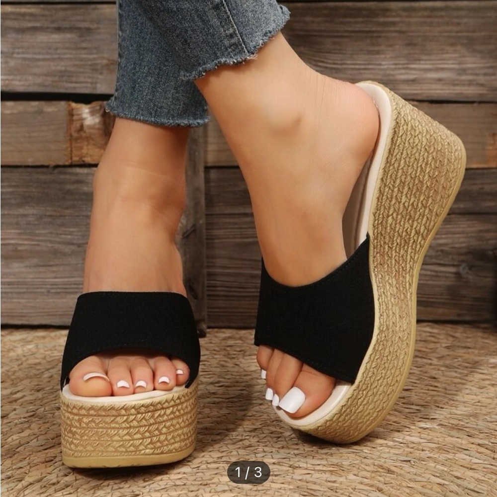 Black, faux suede slide wedge sandals